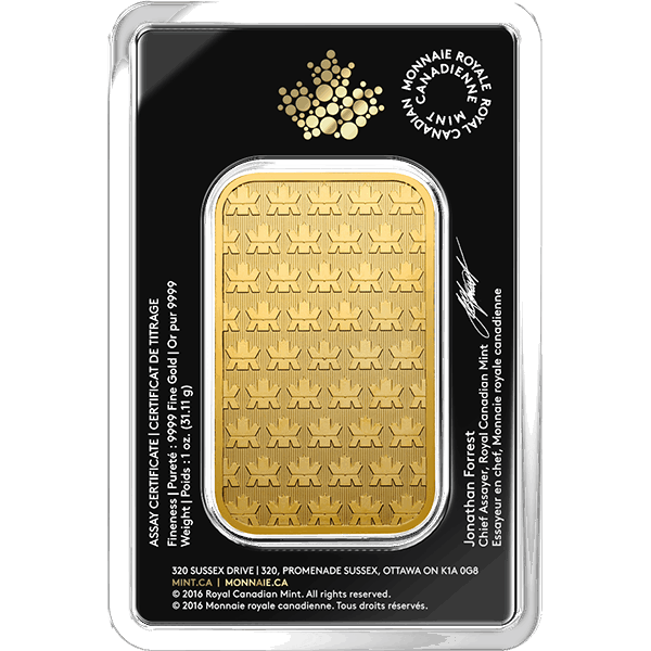 Back Product Image for 1 oz Gold Bar - Royal Canadian Mint (with Assay)